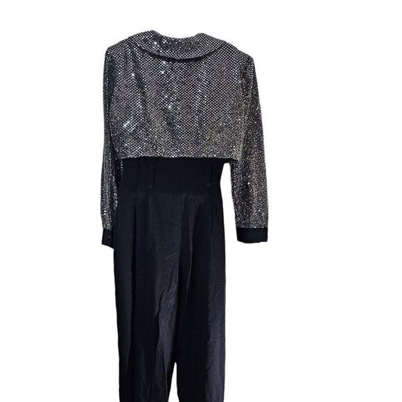 Vintage 80s Jumpsuit Womens Size Medium Black Silver Sequins Faux Tuxedo Rayon - Picture 3 of 8